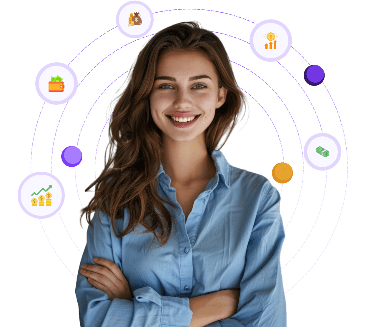 A woman with crossed arms smiling in front of a background with financial icons and lines.